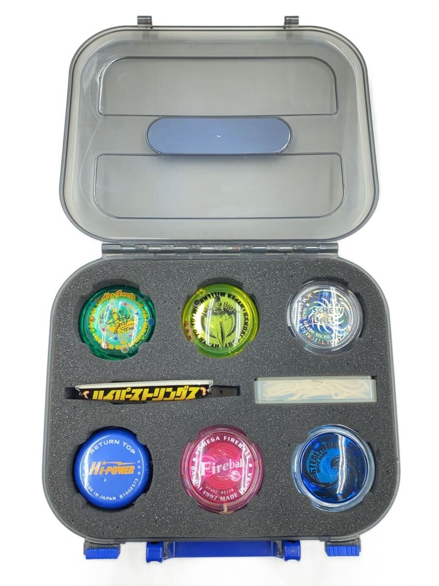 BANDAI Yo-yo Set with Case — HYPER-MILLENNIUM x2, FIRE-BALL, STEALTH-RAIDER; TOMY SCREW BALL; Hi-POWER